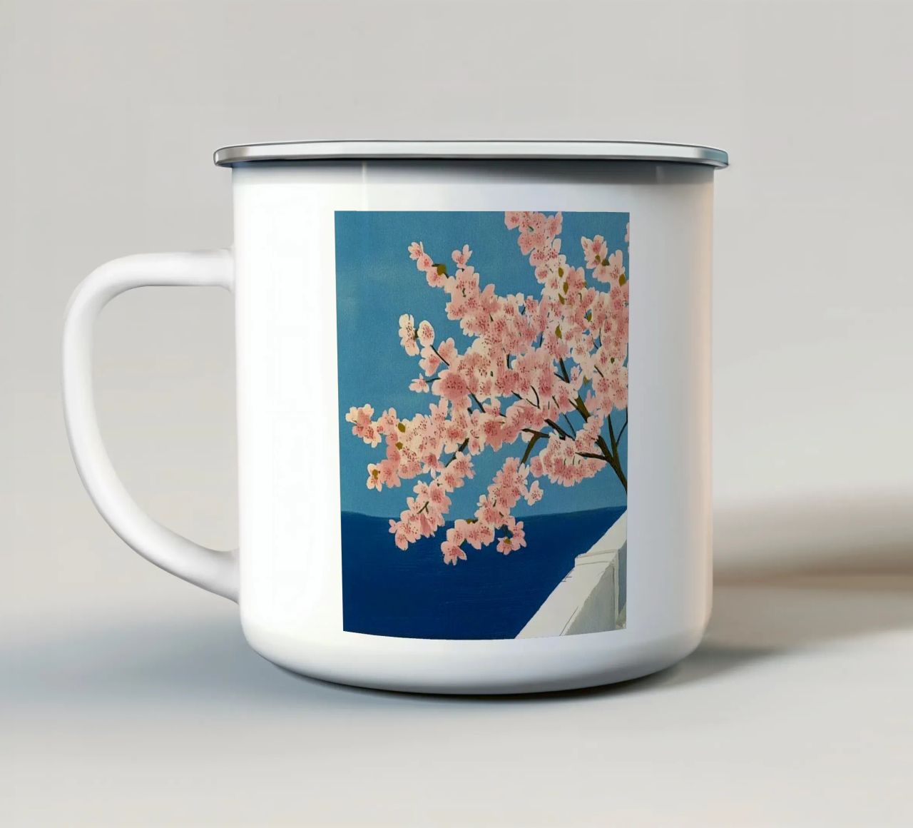 Vista su Santorini tazza in smalto da Curious Canvas