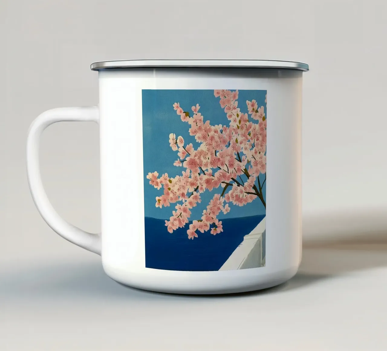 Vue sur Santorin mug en émail de Curious Canvas