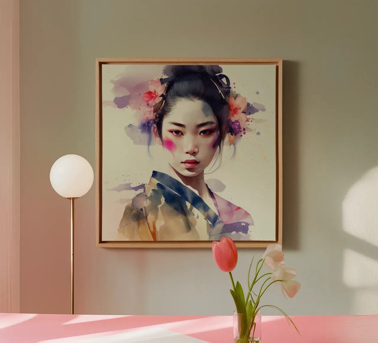 Geisha moderna ad acquerello tela con Cornice a cassetta da Chromatic Fusion Studio