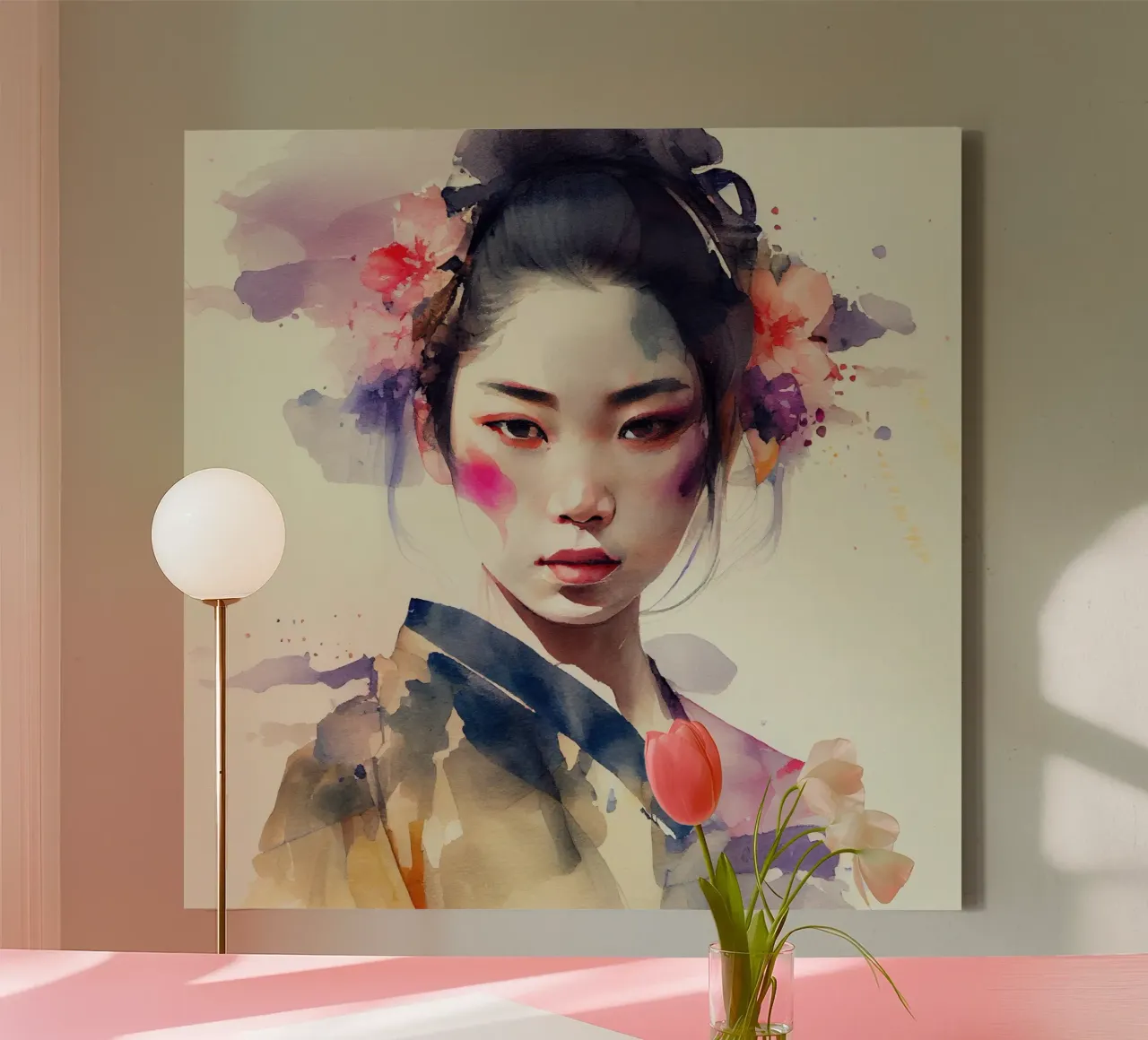 Geisha moderna ad acquerello tela con Cornice a cassetta da Chromatic Fusion Studio