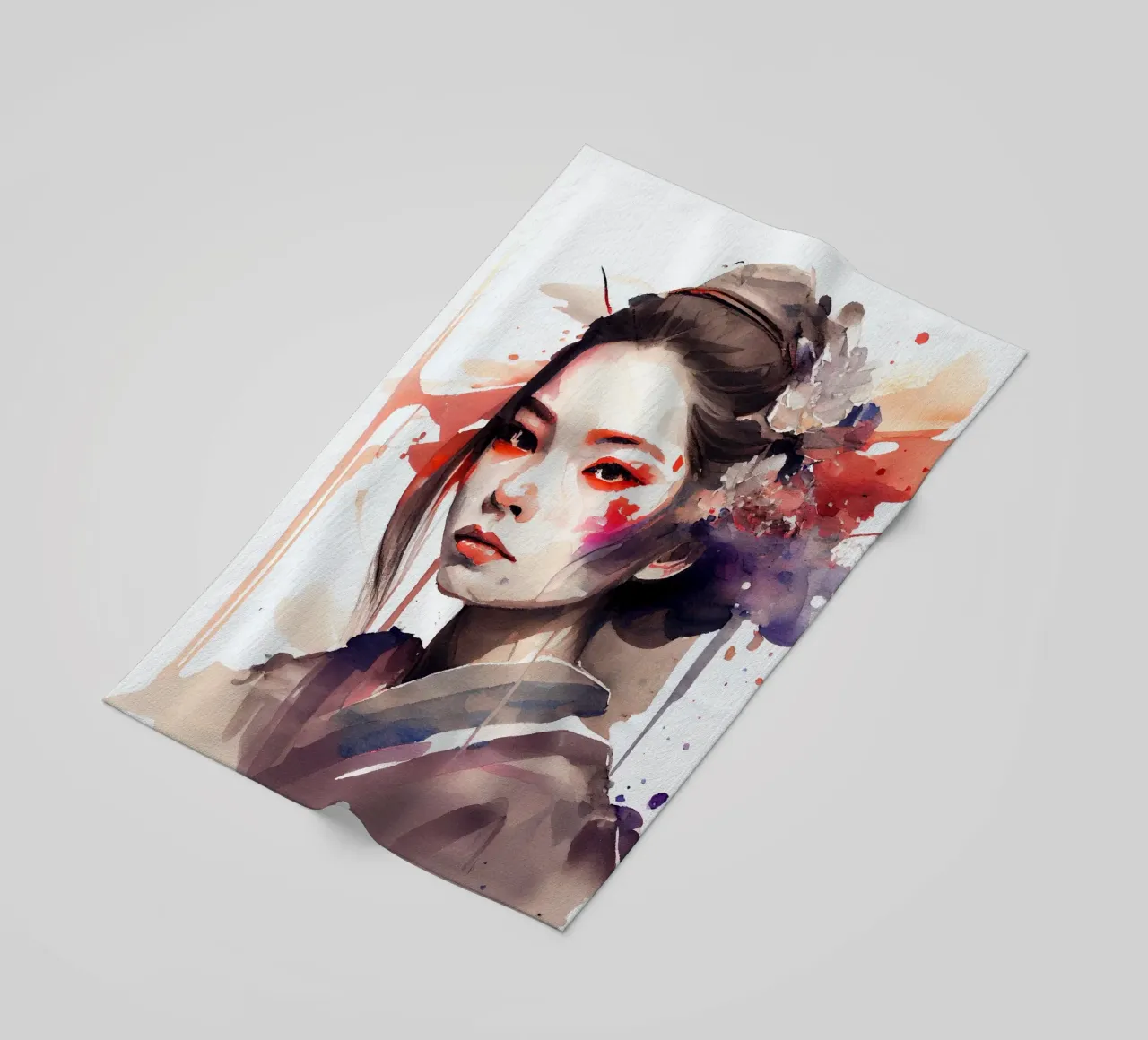 Geisha moderna ad acquerello telo mare da Chromatic Fusion Studio