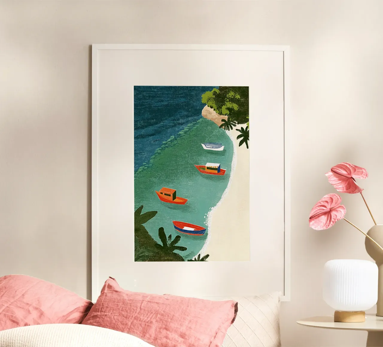 Barche da pesca dei Caraibi poster con telaio in legno da Curious Canvas
