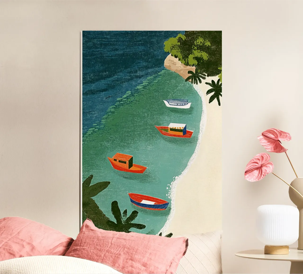 Barche da pesca dei Caraibi poster con telaio in legno da Curious Canvas