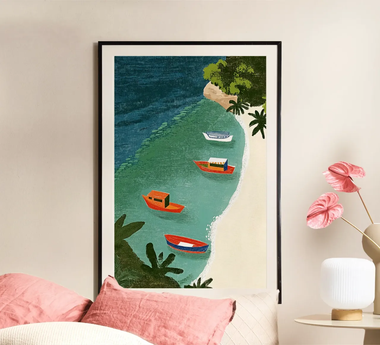 Barche da pesca dei Caraibi poster con telaio in legno da Curious Canvas