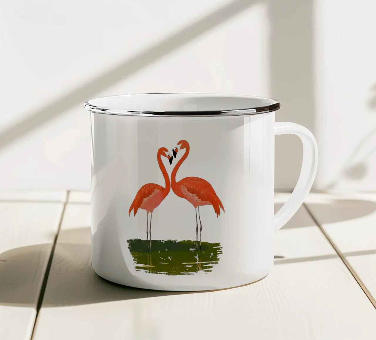 Coppia di fenicotteri tazza in smalto da Curious Canvas