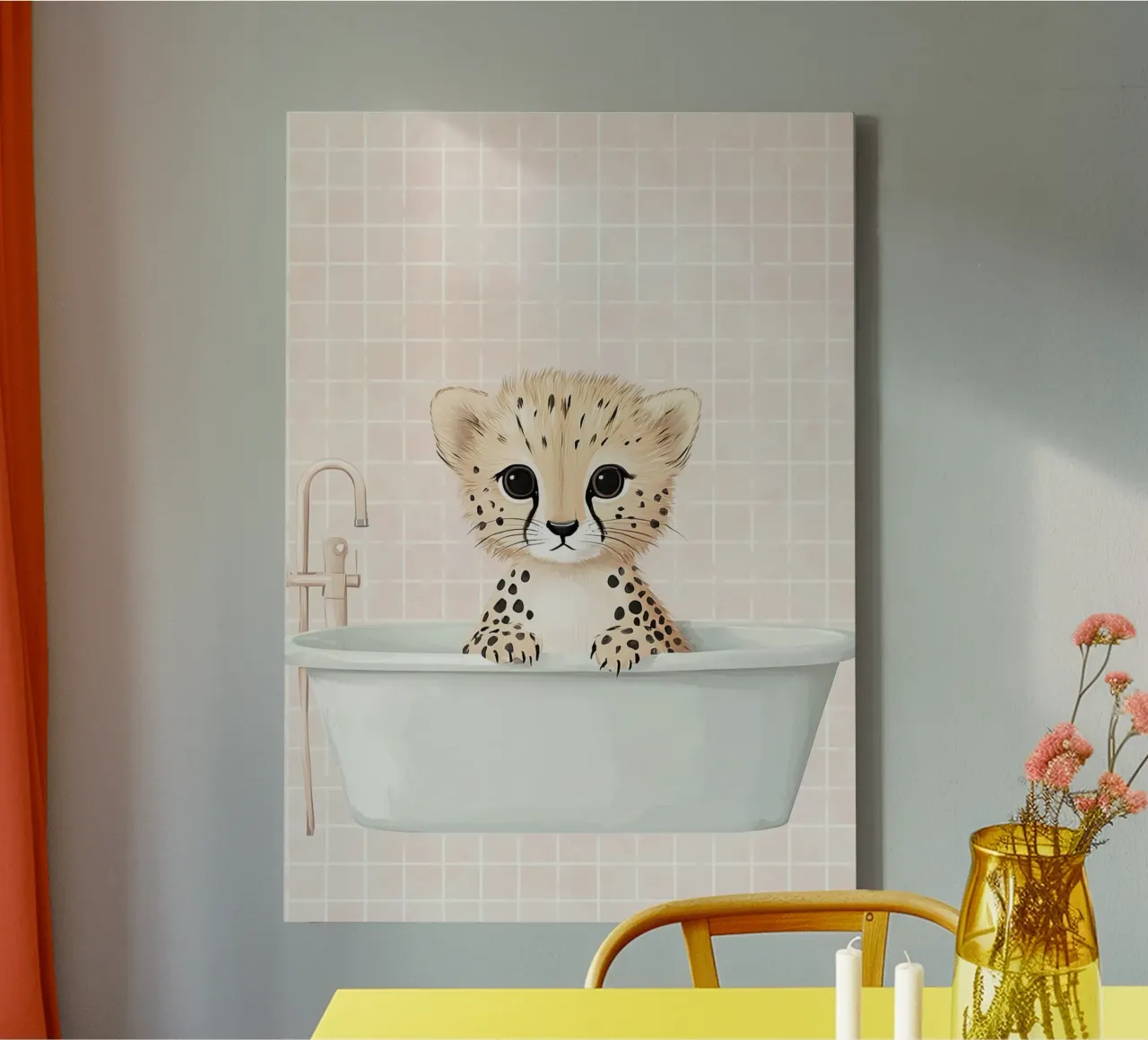 Simpatico ghepardo nella vasca da bagno, poster per il bagno, cameretta per bambini tela con Cornice a cassetta da Little Lola