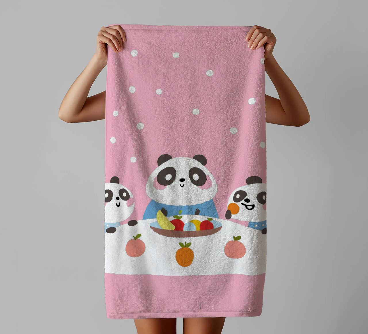 Three Pandas Enjoy a Meal towel by UNIQUE SHOP
