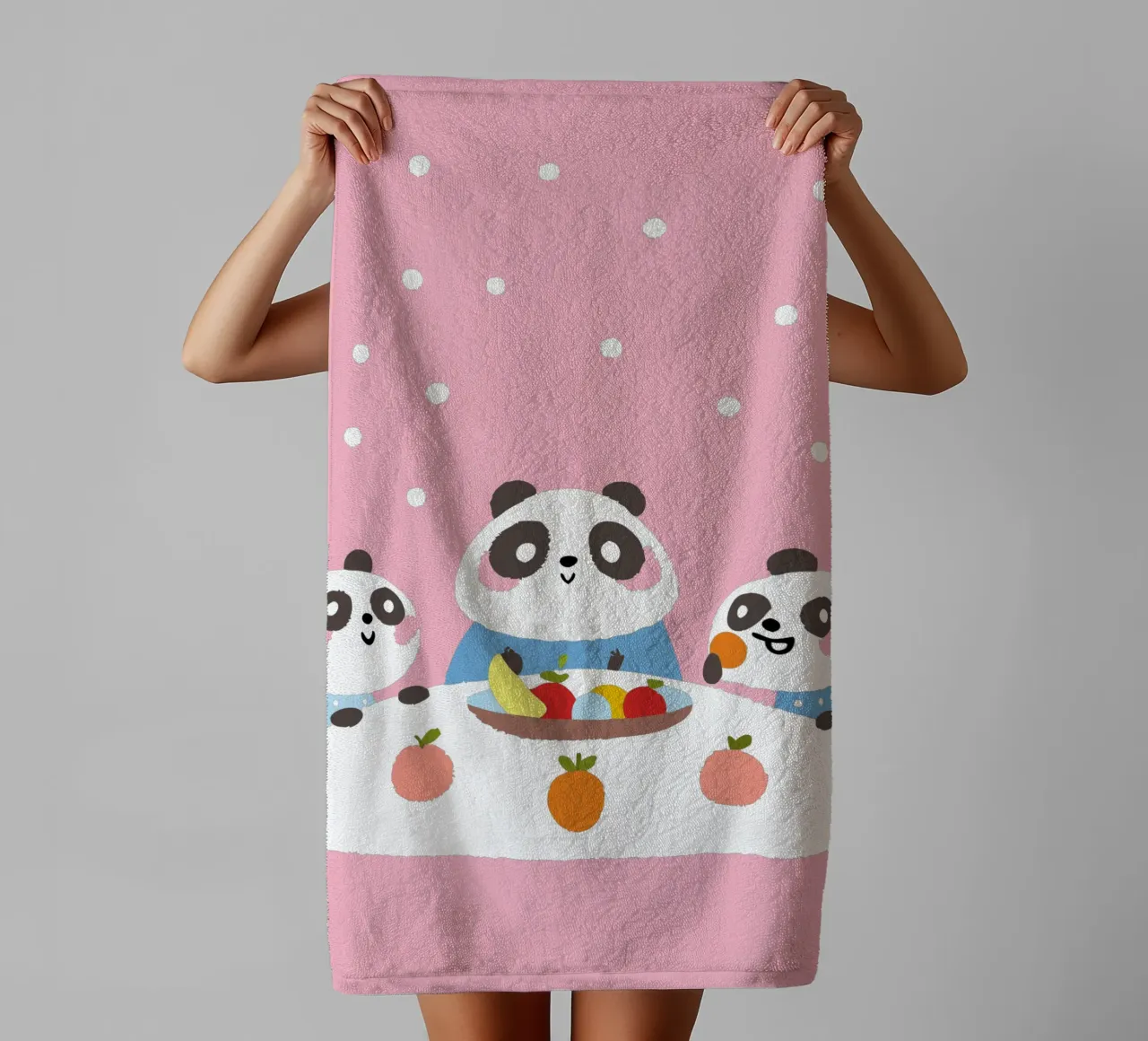 Three Pandas Enjoy a Meal towel by TRENDY POSTER SHOP