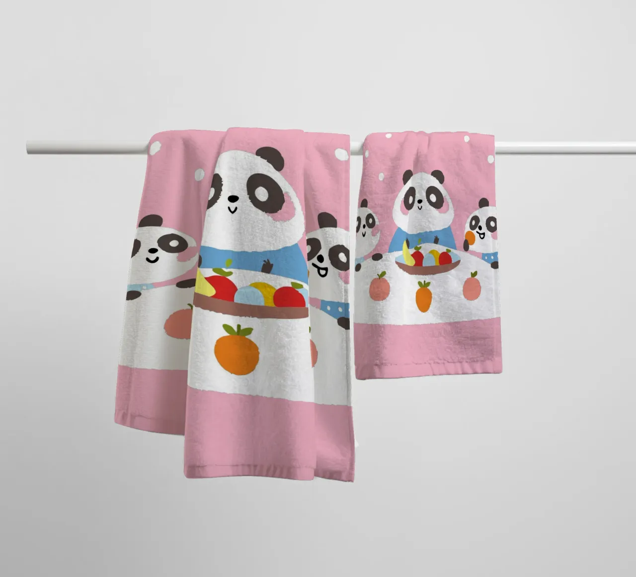 Three Pandas Enjoy a Meal towel by TRENDY POSTER SHOP