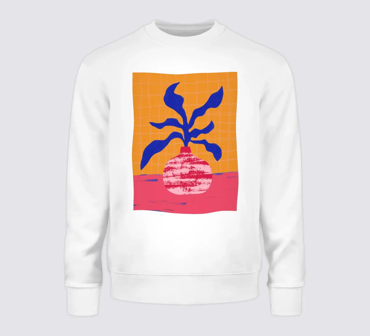 Blauwe bladeren op oranje sweatshirt van Kim Hubball Studio