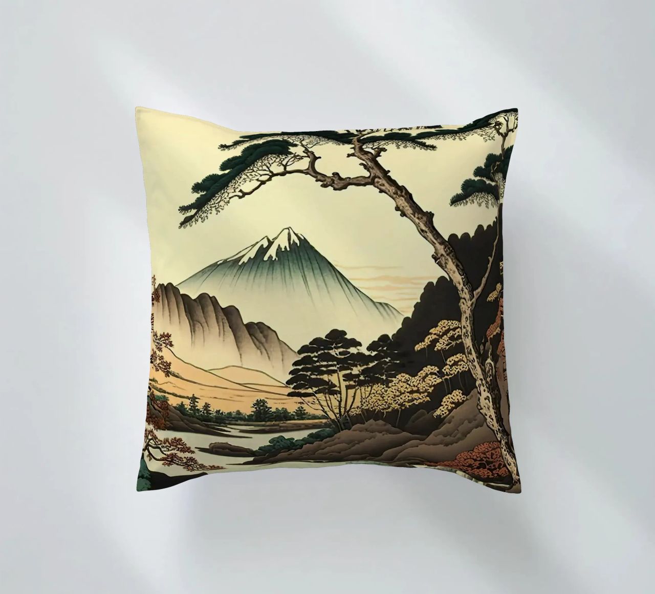 mountain snow-capped peak trees river pine trees autumn decorative cushion by minerva santiago