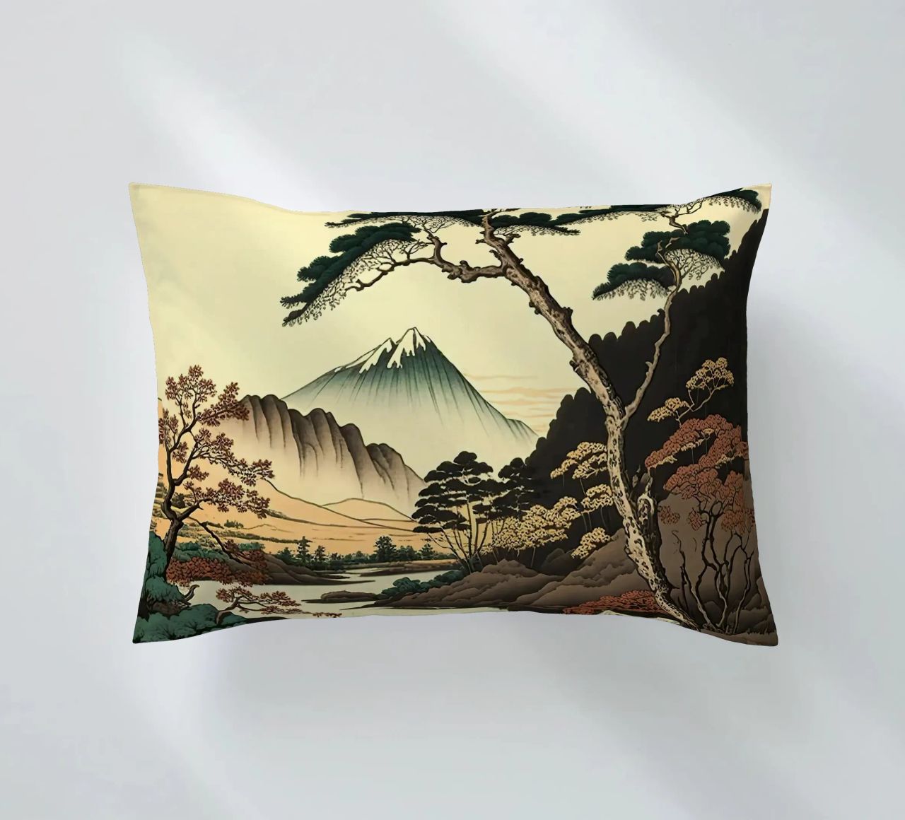mountain snow-capped peak trees river pine trees autumn decorative cushion by minerva santiago