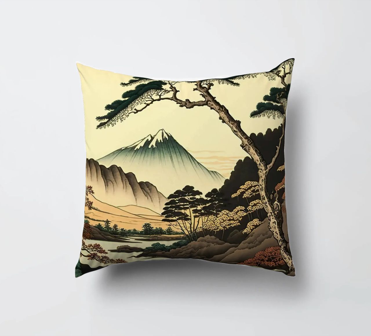 mountain snow-capped peak trees river pine trees autumn decorative cushion by minerva santiago