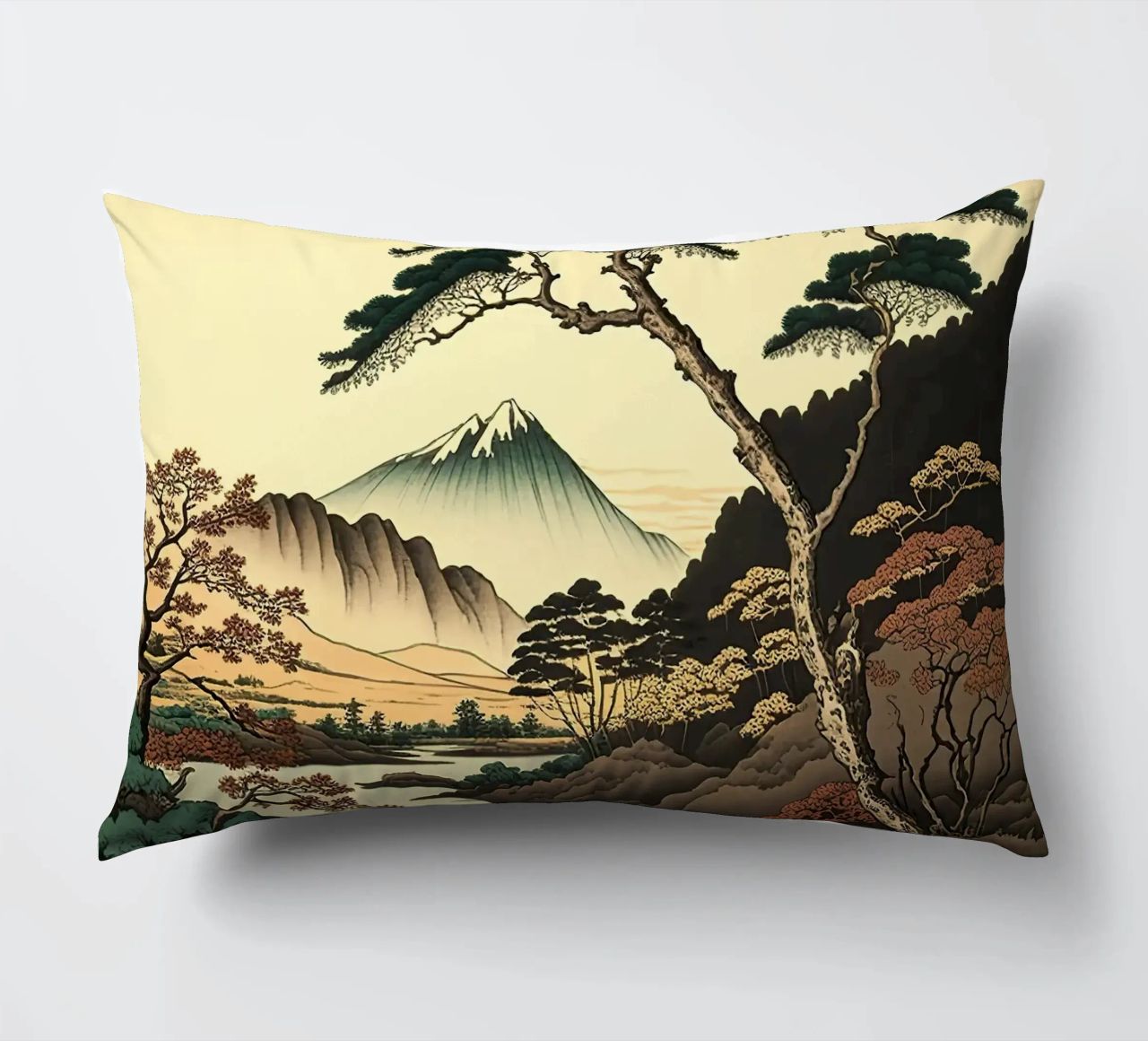 mountain snow-capped peak trees river pine trees autumn decorative cushion by minerva santiago
