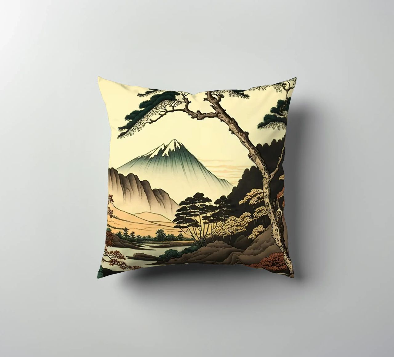 mountain snow-capped peak trees river pine trees autumn decorative cushion by minerva santiago
