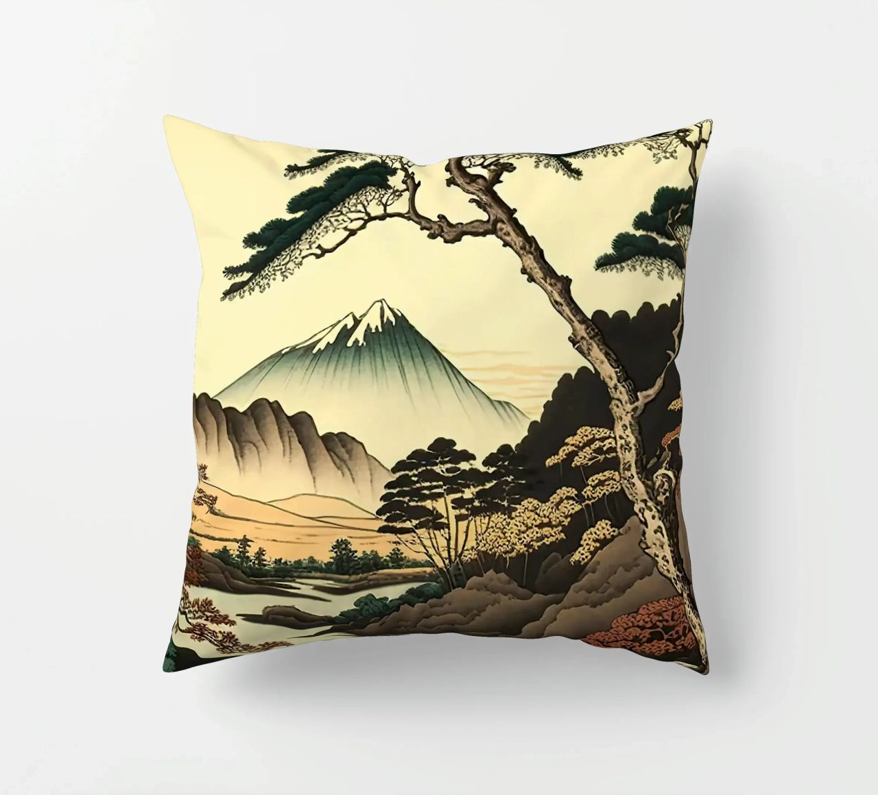 mountain snow-capped peak trees river pine trees autumn decorative cushion by minerva santiago