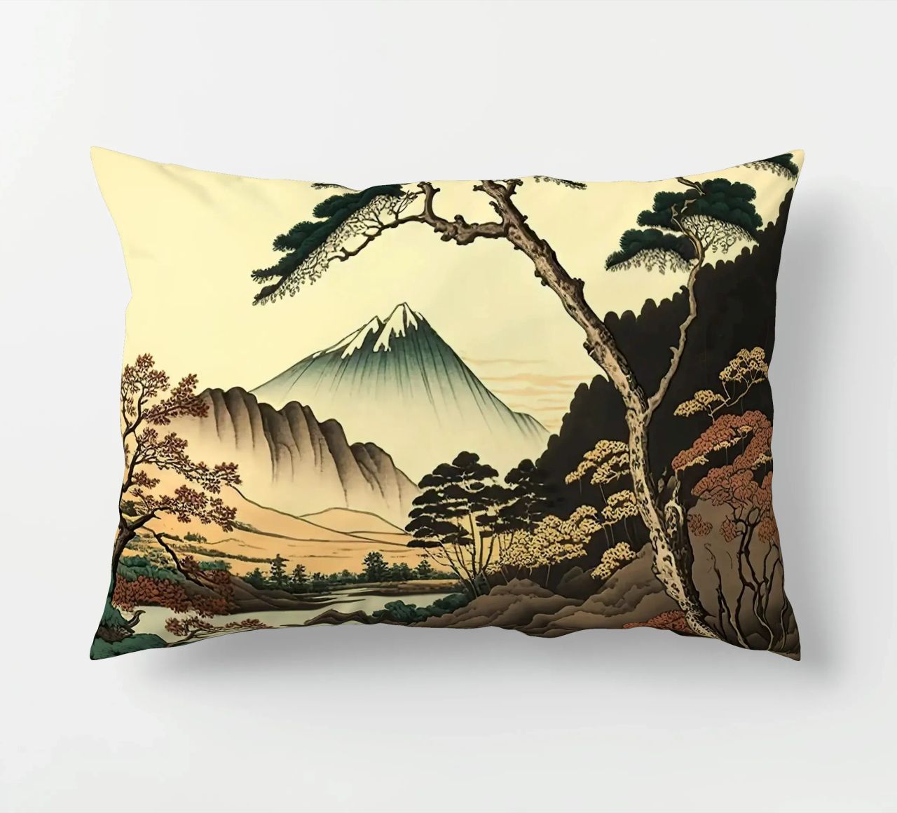 mountain snow-capped peak trees river pine trees autumn decorative cushion by minerva santiago