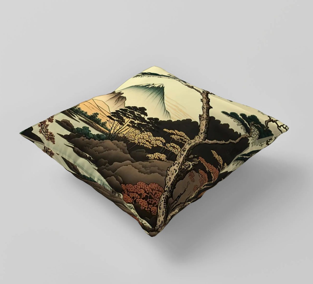 mountain snow-capped peak trees river pine trees autumn decorative cushion by minerva santiago