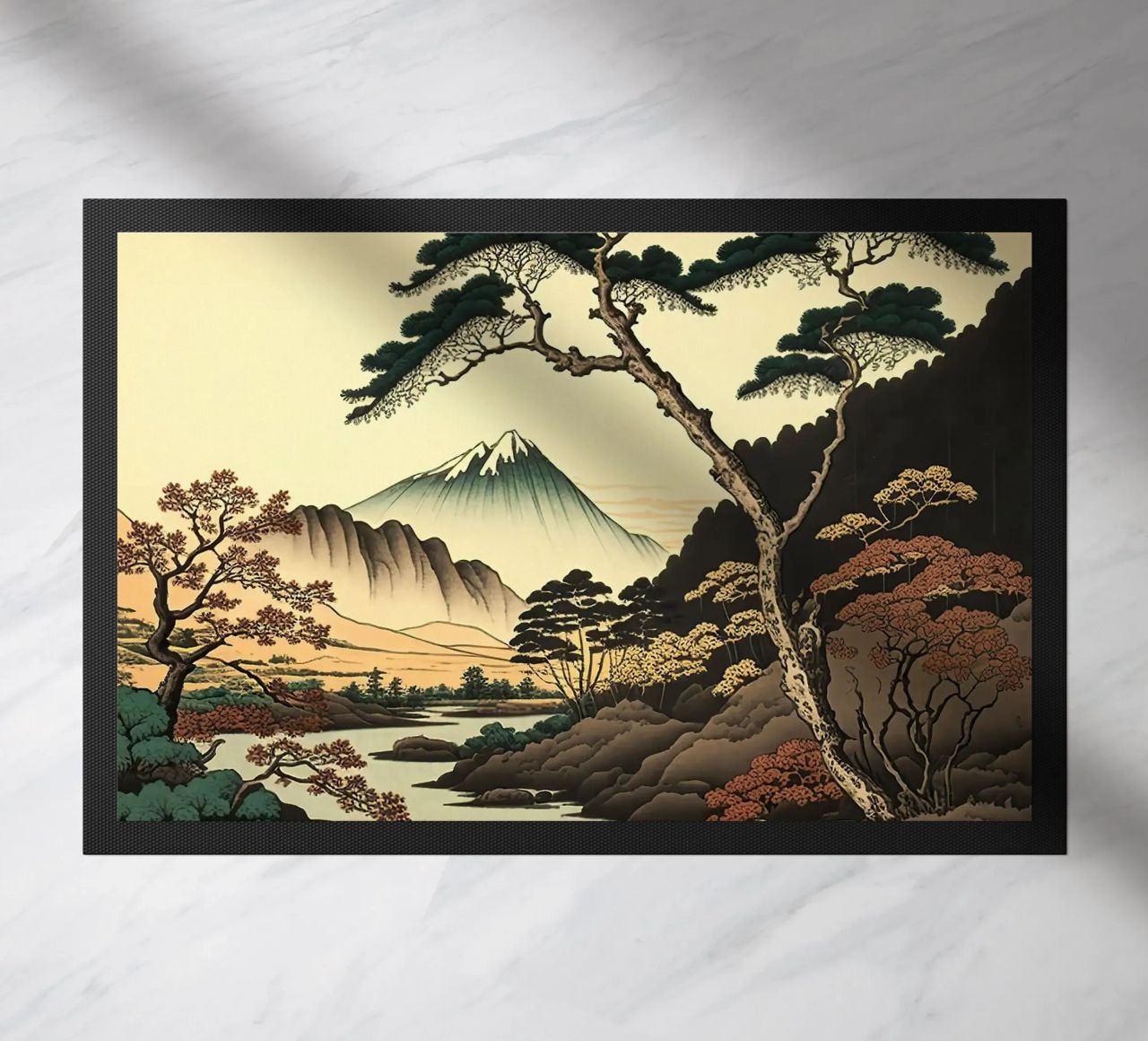 mountain snow-capped peak trees river pine trees autumn doormat by minerva santiago