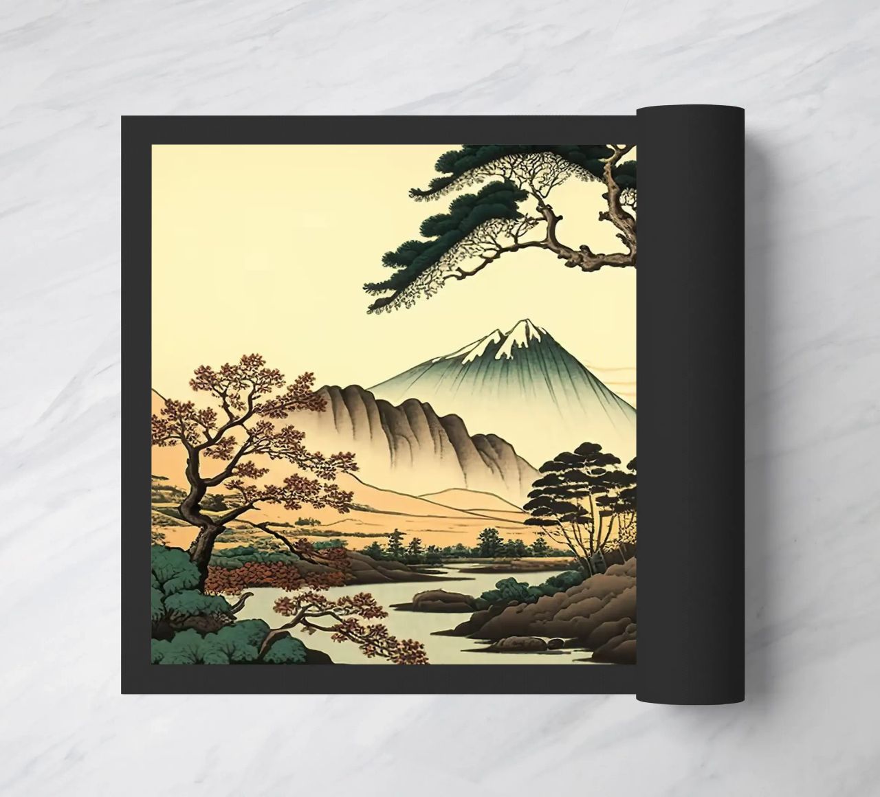 mountain snow-capped peak trees river pine trees autumn doormat by minerva santiago