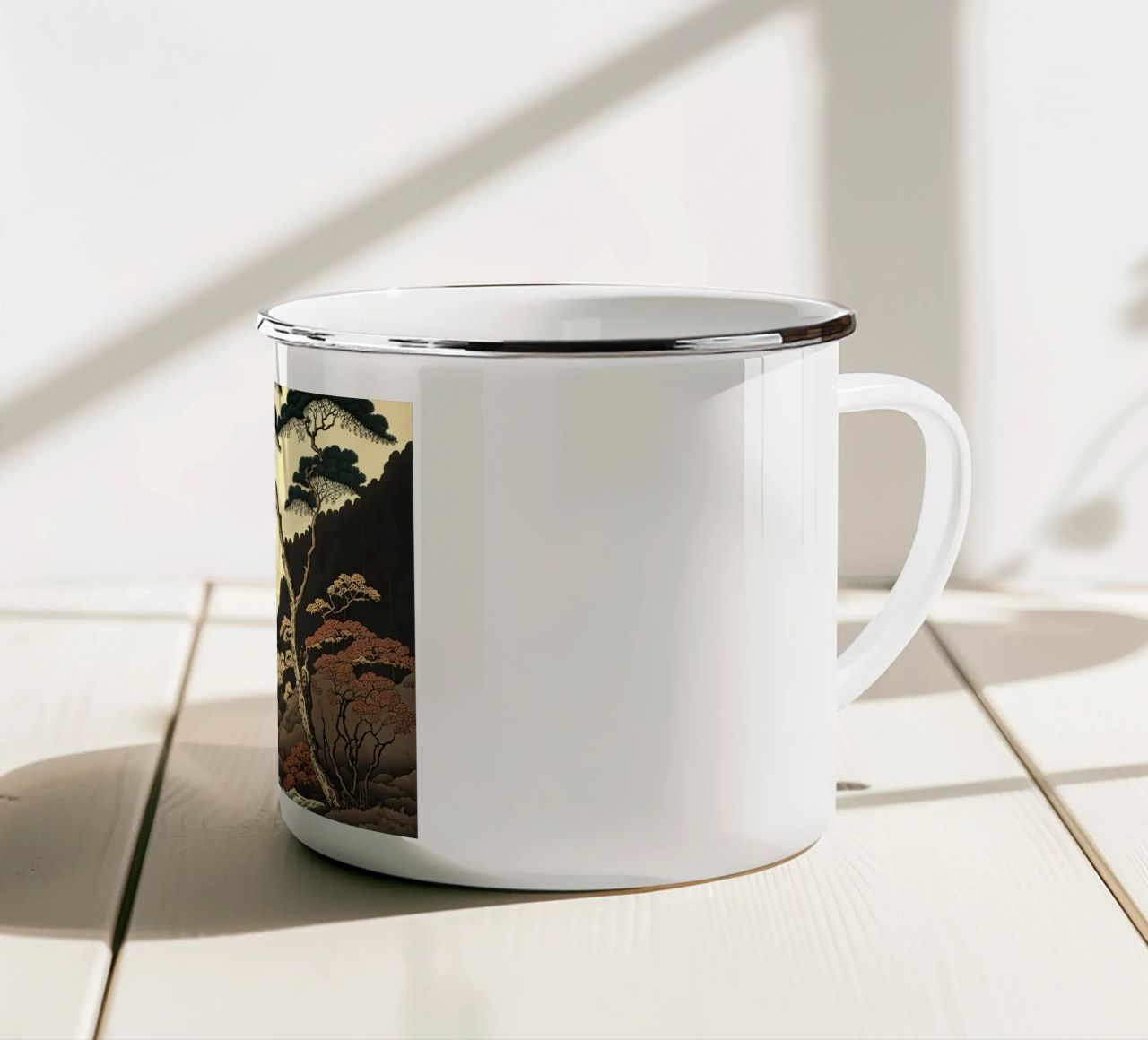 mountain snow-capped peak trees river pine trees autumn enamel mug by minerva santiago