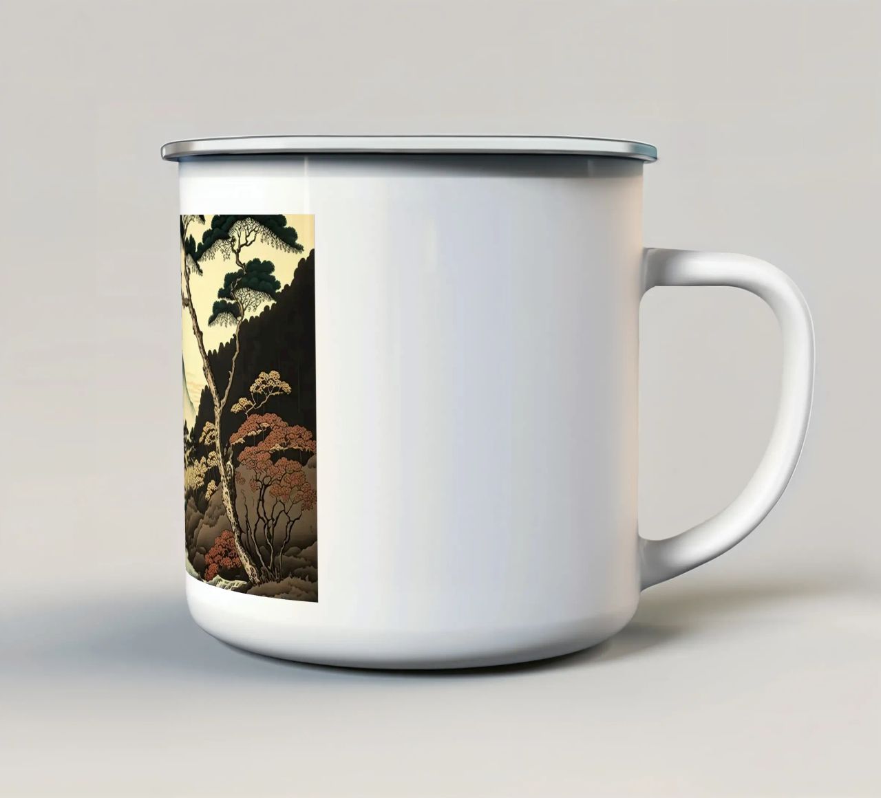 mountain snow-capped peak trees river pine trees autumn enamel mug by minerva santiago