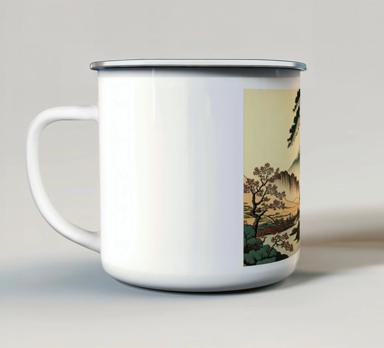 mountain snow-capped peak trees river pine trees autumn enamel mug by minerva santiago