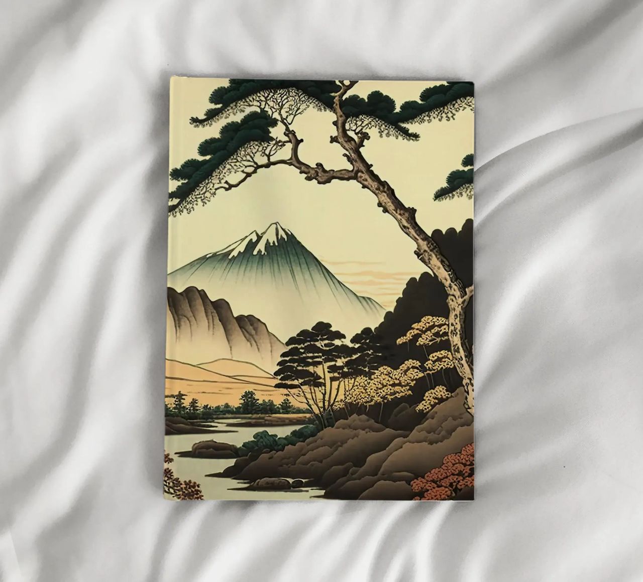 mountain snow-capped peak trees river pine trees autumn notebook by minerva santiago