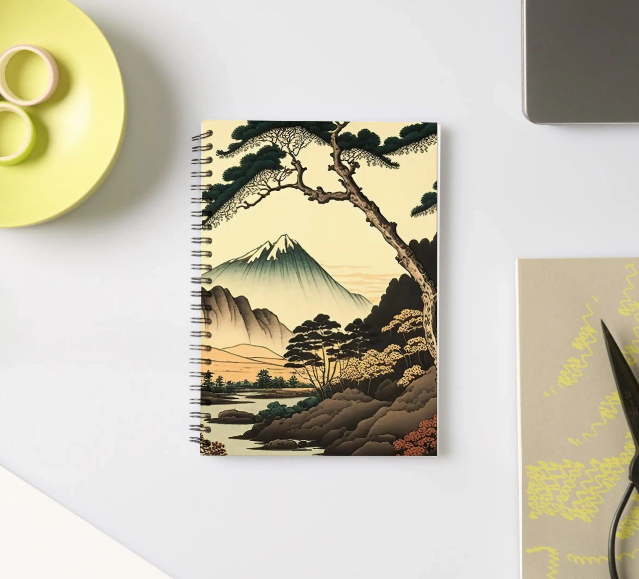 mountain snow-capped peak trees river pine trees autumn spiral notebook by minerva santiago