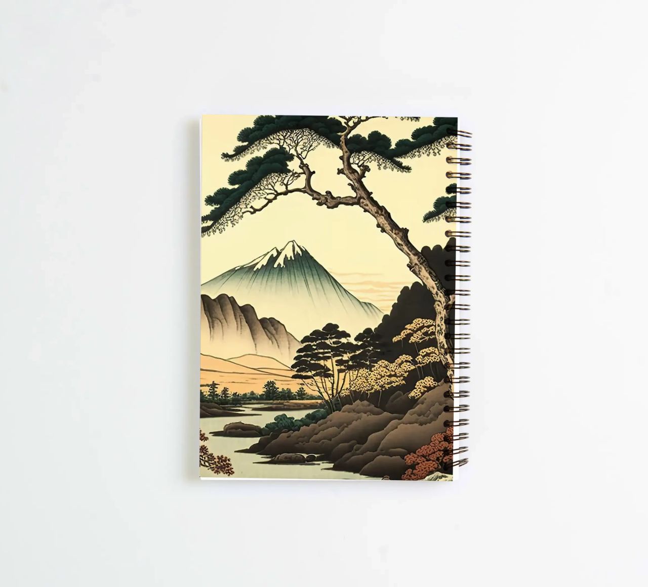 mountain snow-capped peak trees river pine trees autumn spiral notebook by minerva santiago