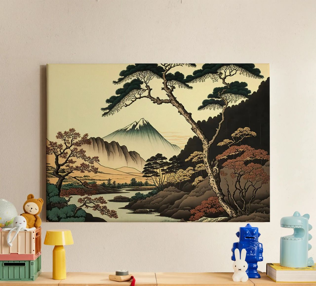 mountain snow-capped peak trees river pine trees autumn canvas by minerva santiago