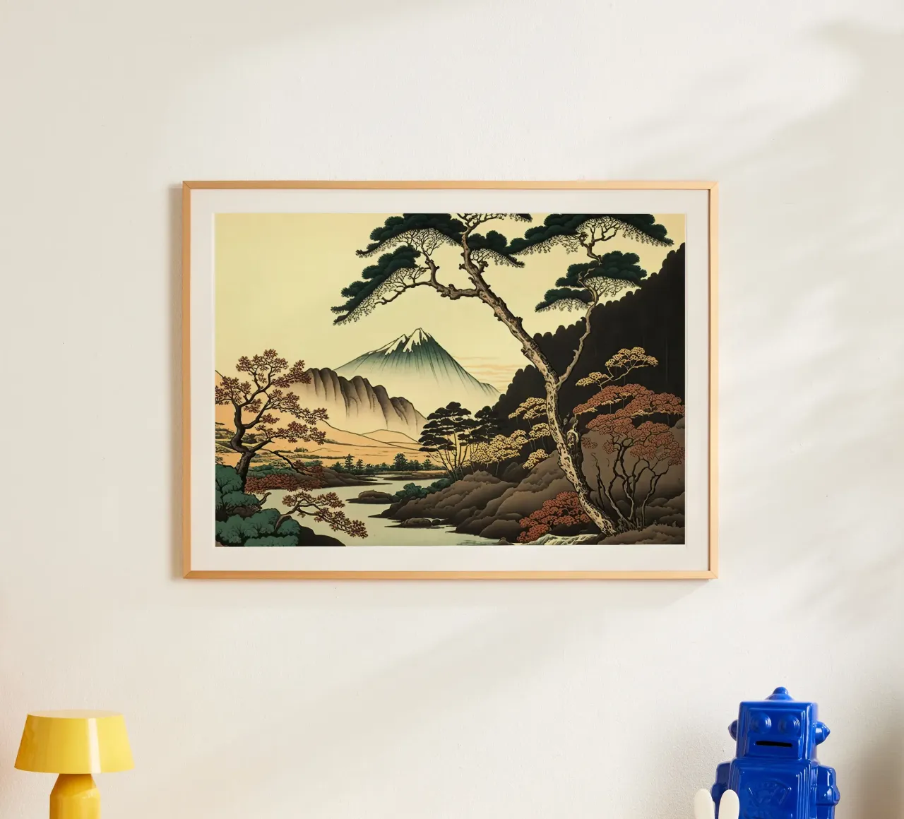 montagna cima innevata alberi fiume pini autunno poster da minerva santiago