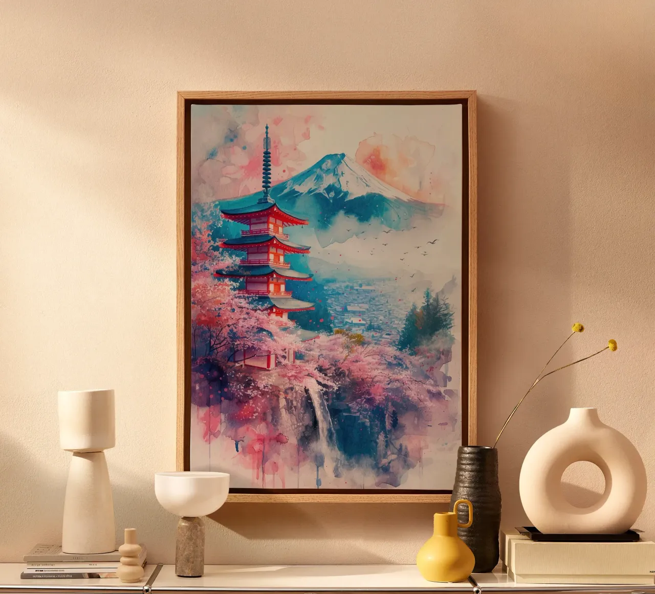 pagoda fiori di ciliegio montagna cielo uccelli cascata alberi tela con Cornice a cassetta da minerva santiago