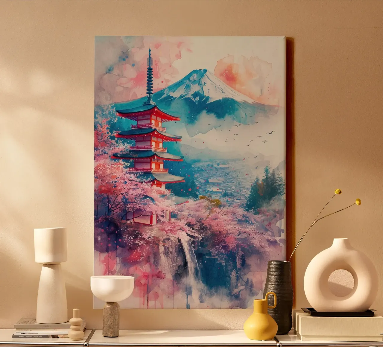 pagoda fiori di ciliegio montagna cielo uccelli cascata alberi tela con Cornice a cassetta da minerva santiago