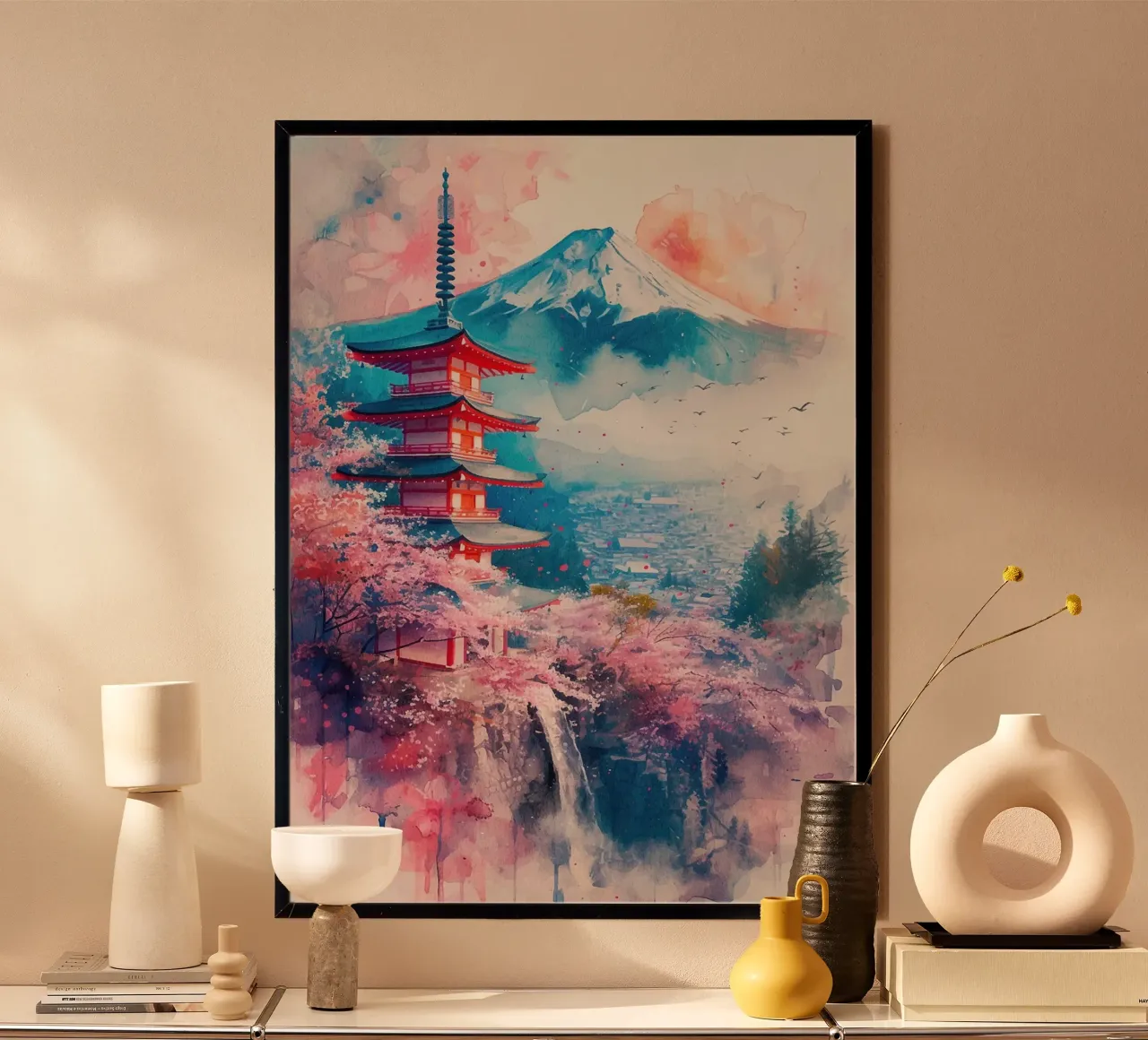 pagoda fiori di ciliegio montagna cielo uccelli cascata alberi poster con telaio in alluminio da minerva santiago