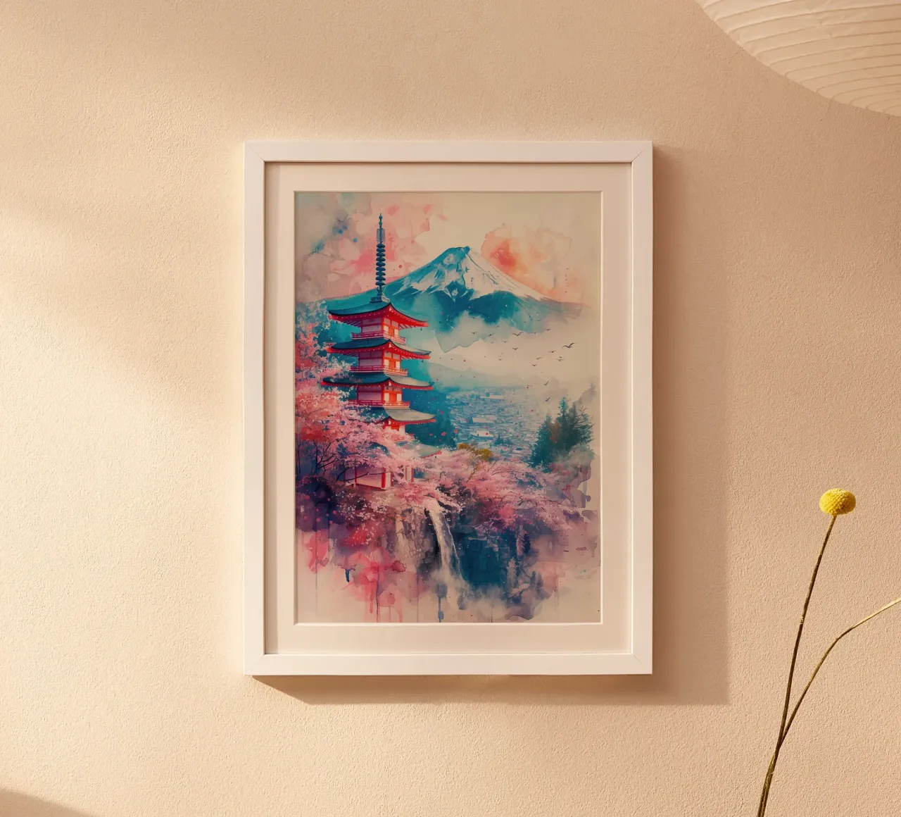 pagoda fiori di ciliegio montagna cielo uccelli cascata alberi poster con telaio in alluminio da minerva santiago