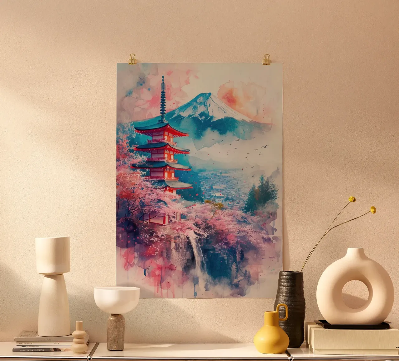 pagoda fiori di ciliegio montagna cielo uccelli cascata alberi poster con telaio in alluminio da minerva santiago