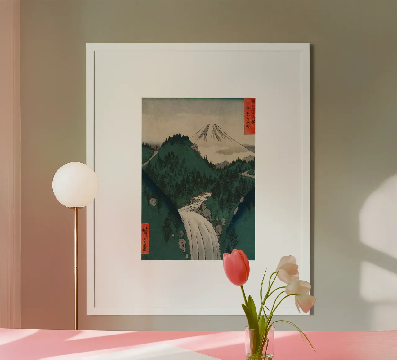 montagna cascata fiume alberi foresta sentiero neve natura poster con telaio in legno da minerva santiago
