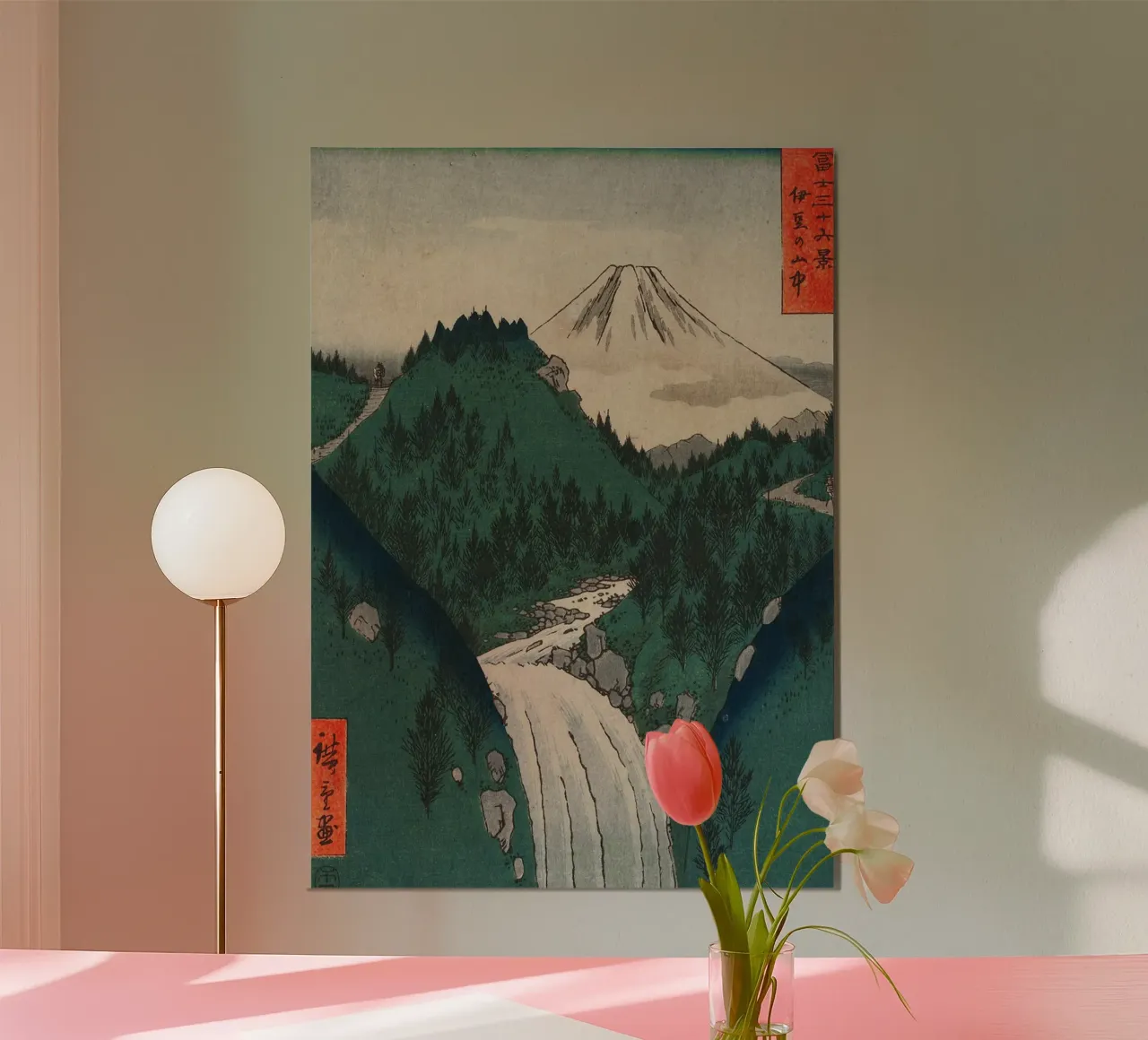 montagna cascata fiume alberi foresta sentiero neve natura poster con telaio in legno da minerva santiago