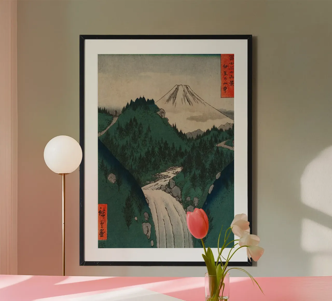 montagna cascata fiume alberi foresta sentiero neve natura poster con telaio in legno da minerva santiago