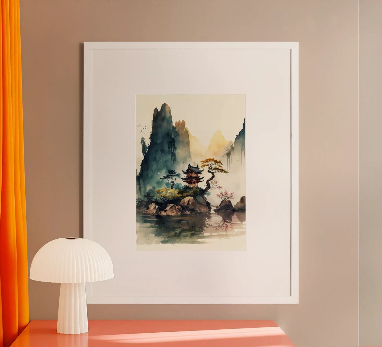 pagoda mountains lake trees reflection mist clouds rocks tra poster by Hien T Huynh