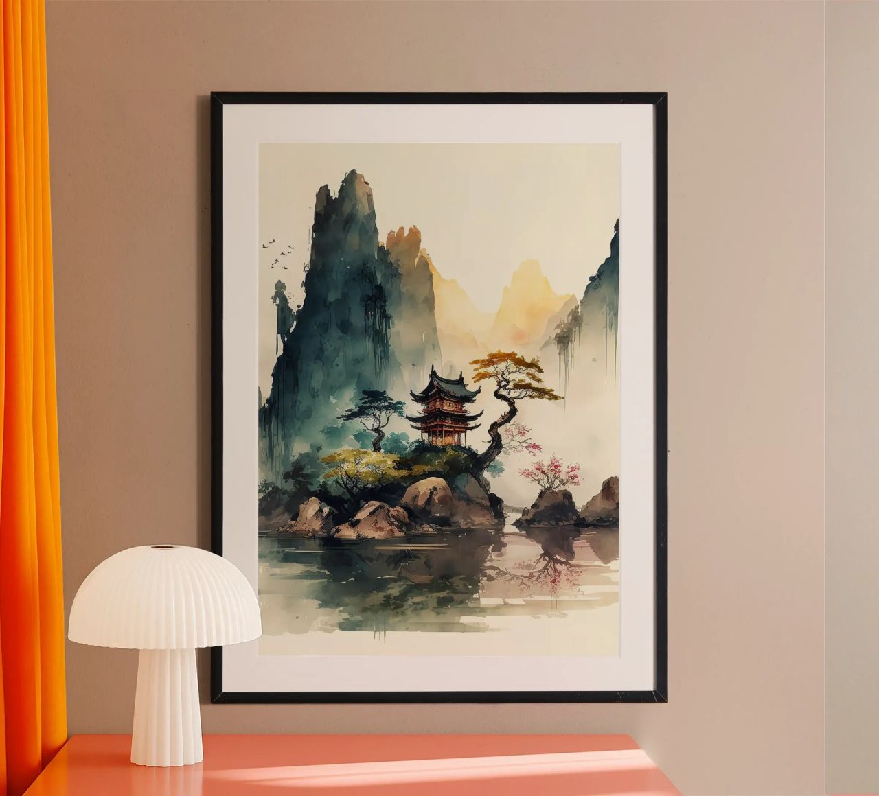pagoda mountains lake trees reflection mist clouds rocks tra poster by Hien T Huynh