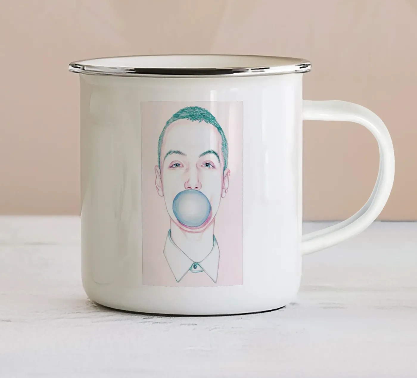 Bubble Boy enamel mug by Laura O'Connor