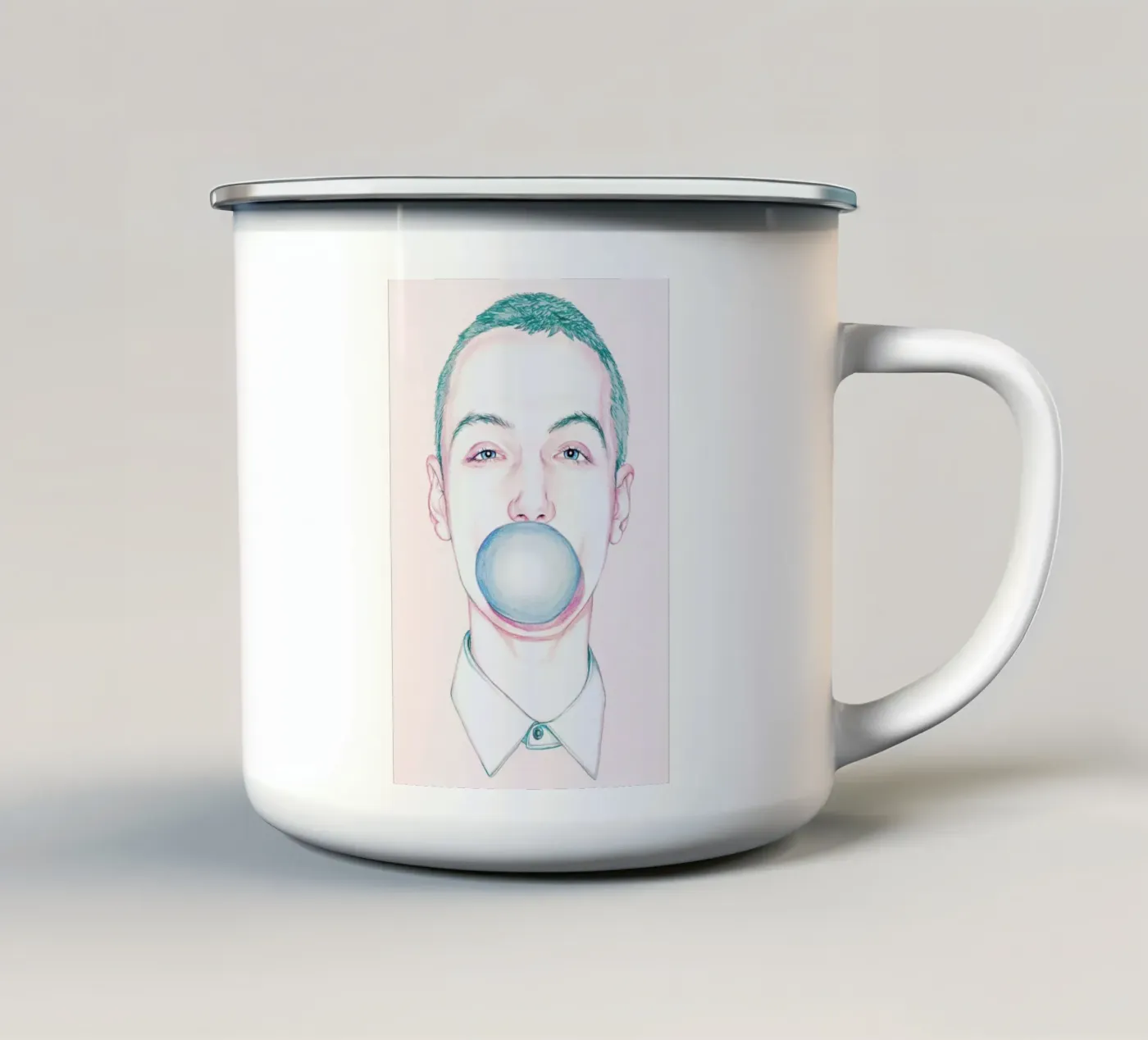 Bubble Boy enamel mug by Laura O'Connor