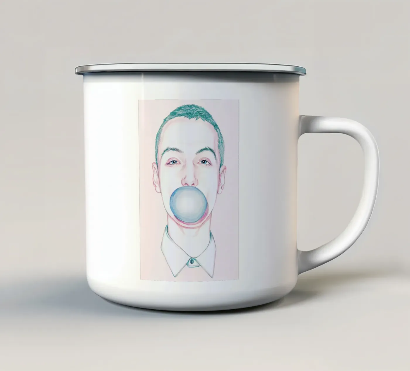 Bubble Boy enamel mug by Laura O'Connor