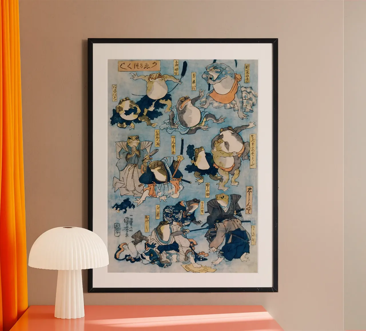 Frogs as Famous Heroes of the Kabuki Stage poster con telaio in legno da GoArt