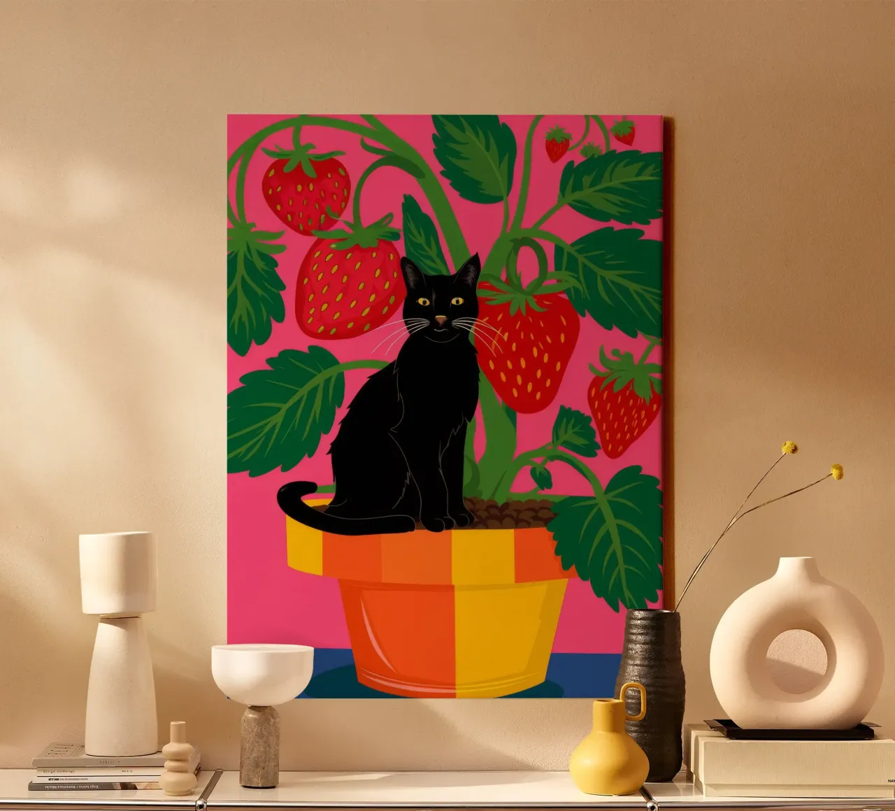 Amico felino alla fragola tela con Cornice a cassetta da Pake Nebula