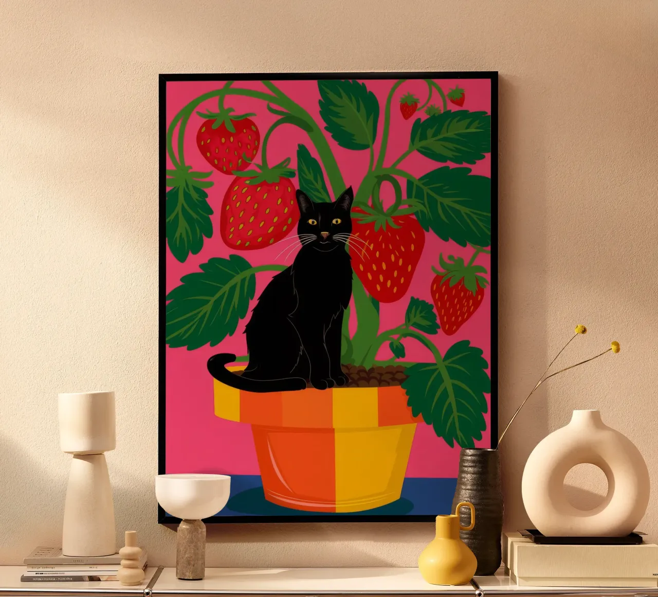 Amico felino alla fragola poster con telaio in legno da Pake Nebula