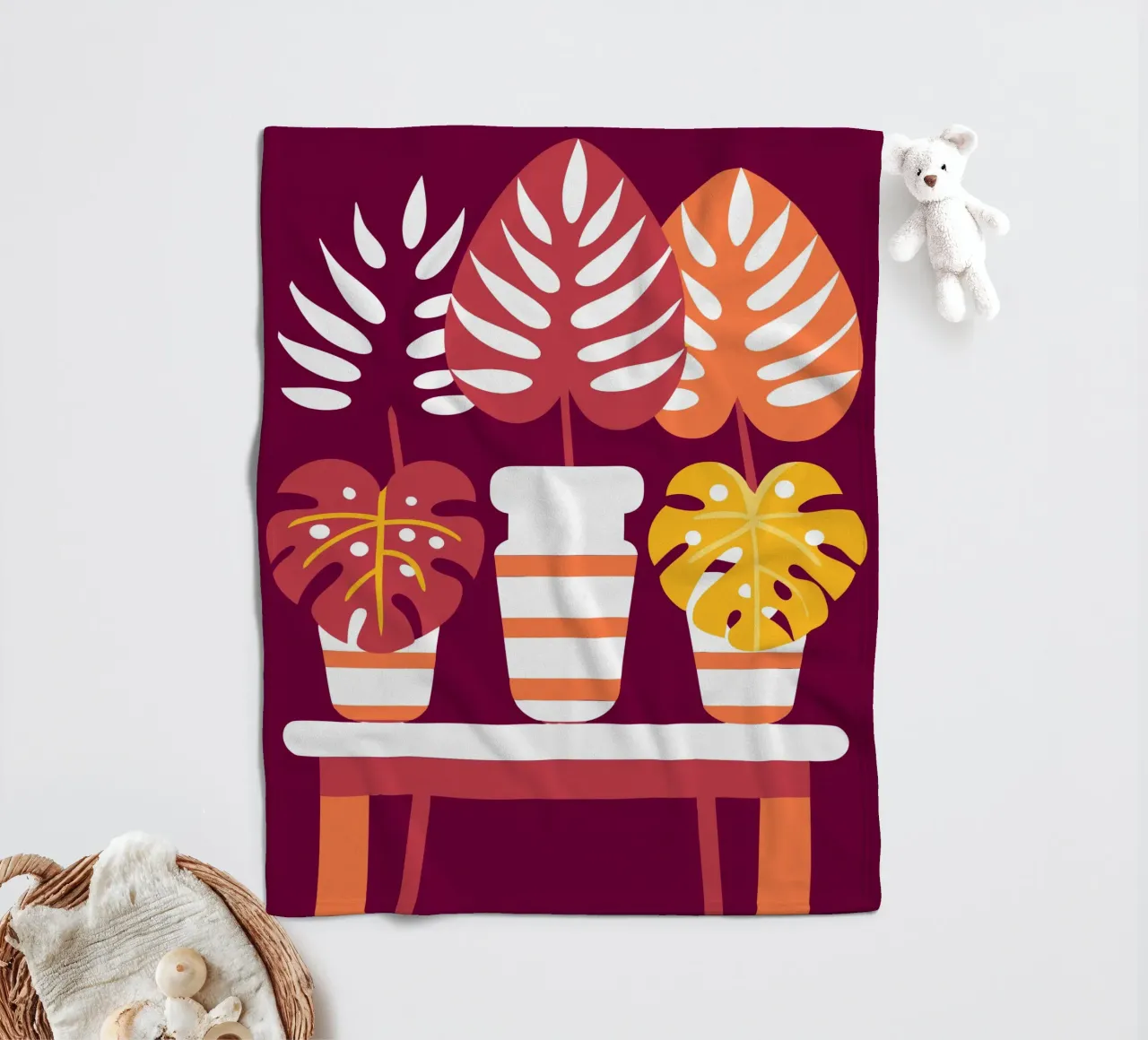 Three Monstera Flowers fleece blanket by FLOWER PLACE SHOP