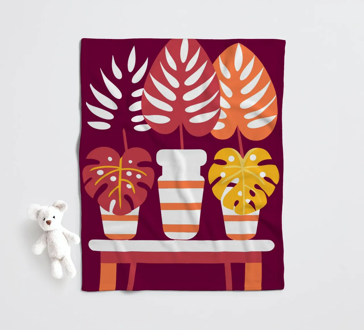 Three Monstera Flowers fleece blanket by FLOWER PLACE SHOP